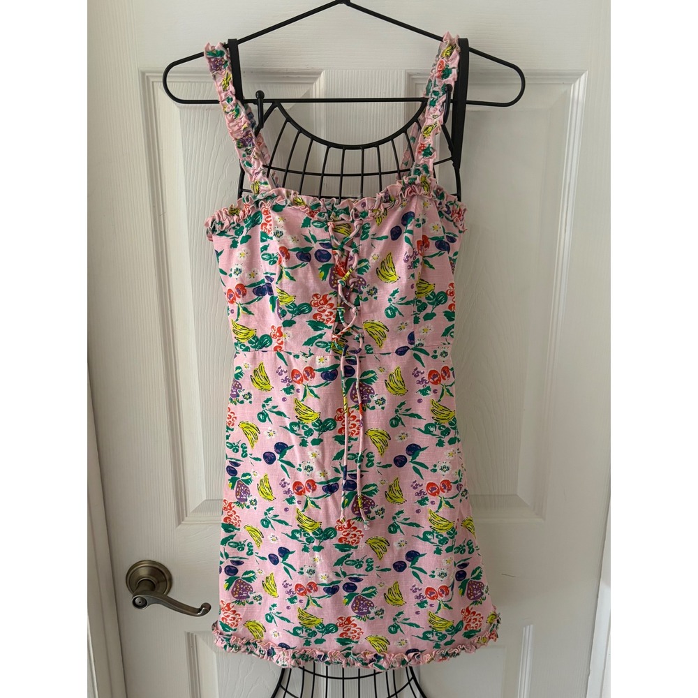 Urban Outfitters Pink Fruit Print Lace Up Ruffle Mini Dress XS New